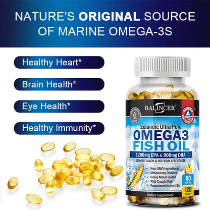 Omega-3 Fish Oil Supplement - with EPA & DHA - Supports Heart and Brain Health Omega 3 Fatty Acids 120 Capsules