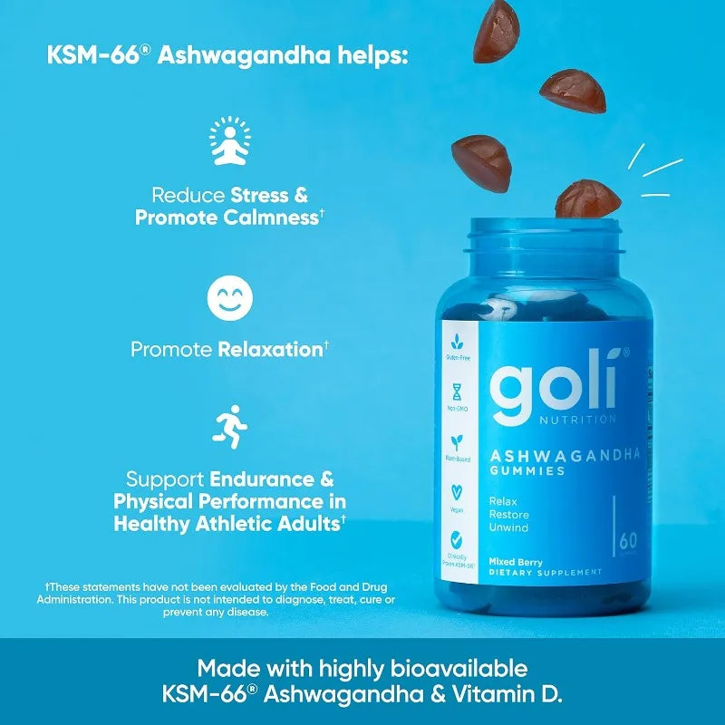 Goli Ashwagandha & Vitamin D Gummy - 60 Capsule - Mixed Berry, KSM-66, Vegan, Plant Based, Non-GMO, Gluten-Free & Gelatin Free