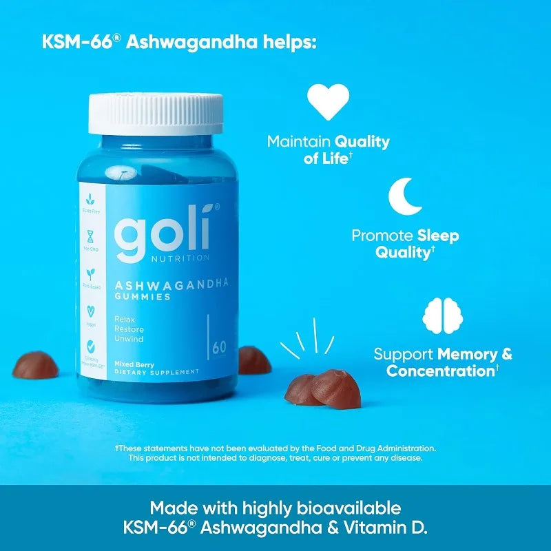 Goli Ashwagandha & Vitamin D Gummy - 60 Capsule - Mixed Berry, KSM-66, Vegan, Plant Based, Non-GMO, Gluten-Free & Gelatin Free