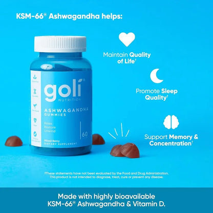 Goli Ashwagandha & Vitamin D Gummy - 60 Capsule - Mixed Berry, KSM-66, Vegan, Plant Based, Non-GMO, Gluten-Free & Gelatin Free
