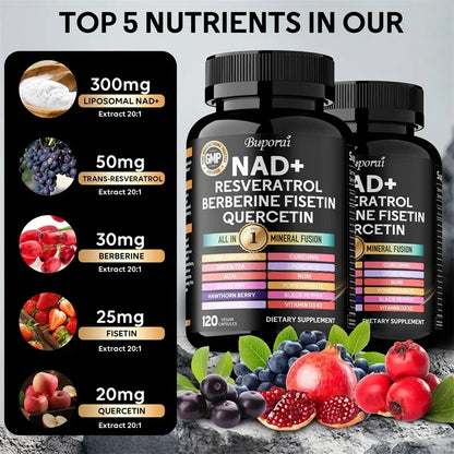 NAD+, Resveratrol, Quercetin, Berberine Fisetin-Cellular Health, Healthy Aging, Vitamin K2, Vitamin D3, One-stop Approach,1000mg